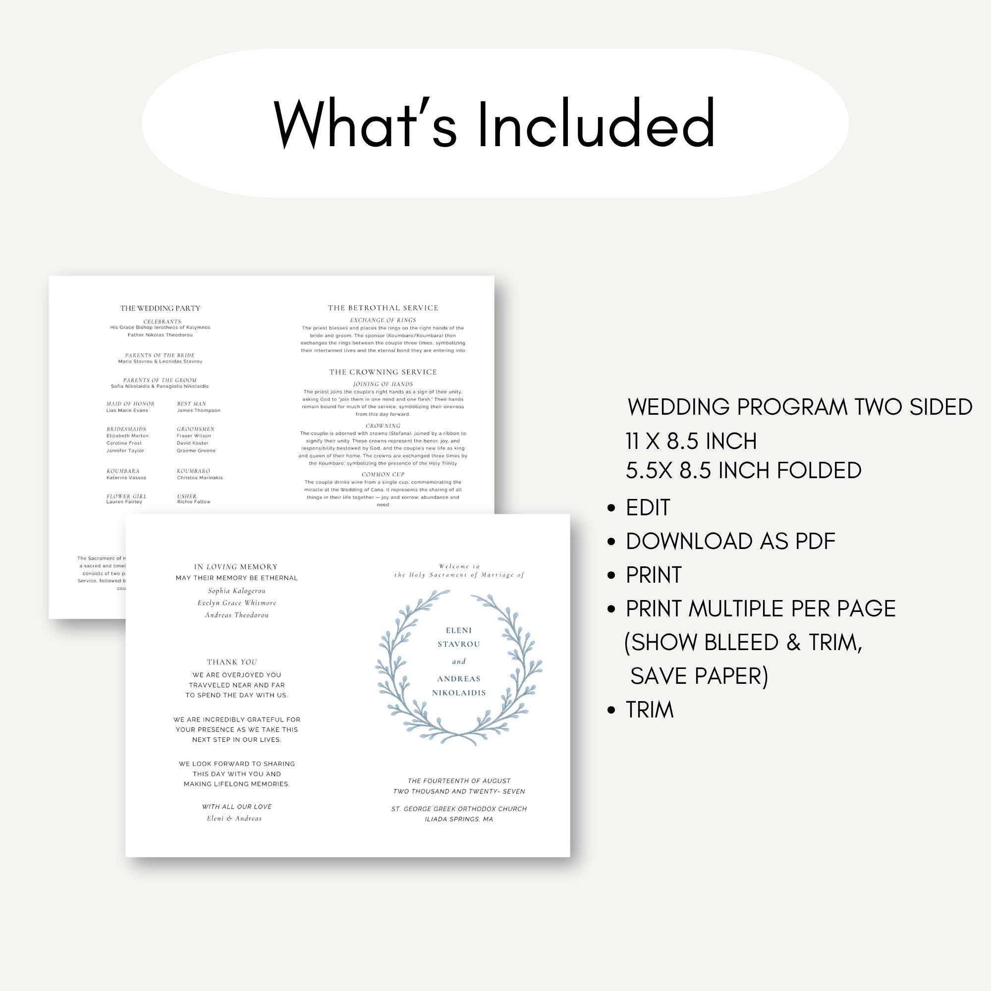 Greek Orthodox Folded Wedding Program, Custom Blue Illustration ...