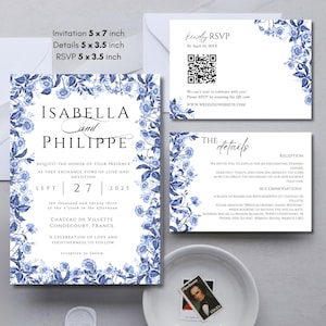 Conjunto de invitaciones de boda en azul polvoriento, elegante diseño floral vintage, estilo chinoiserie, paquete de código QR de Toile DIY, plantilla de Canva para imprimir y editar WED1201