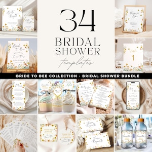 Lot d'invitations nuptiales pour la mariée et les abeilles, thème country miel, décoration de fête florale amusante et modèles de jeux, téléchargement immédiat sur toile BA06