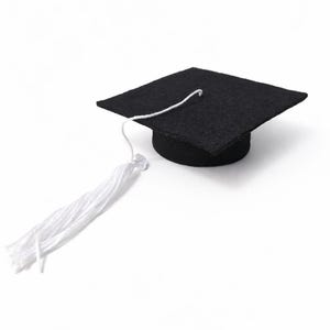 Pode incluir: Um pequeno chapéu de formatura preto, com um topo quadrado e uma base redonda. Uma borla branca pende do chapéu. O chapéu está sobre um fundo branco.