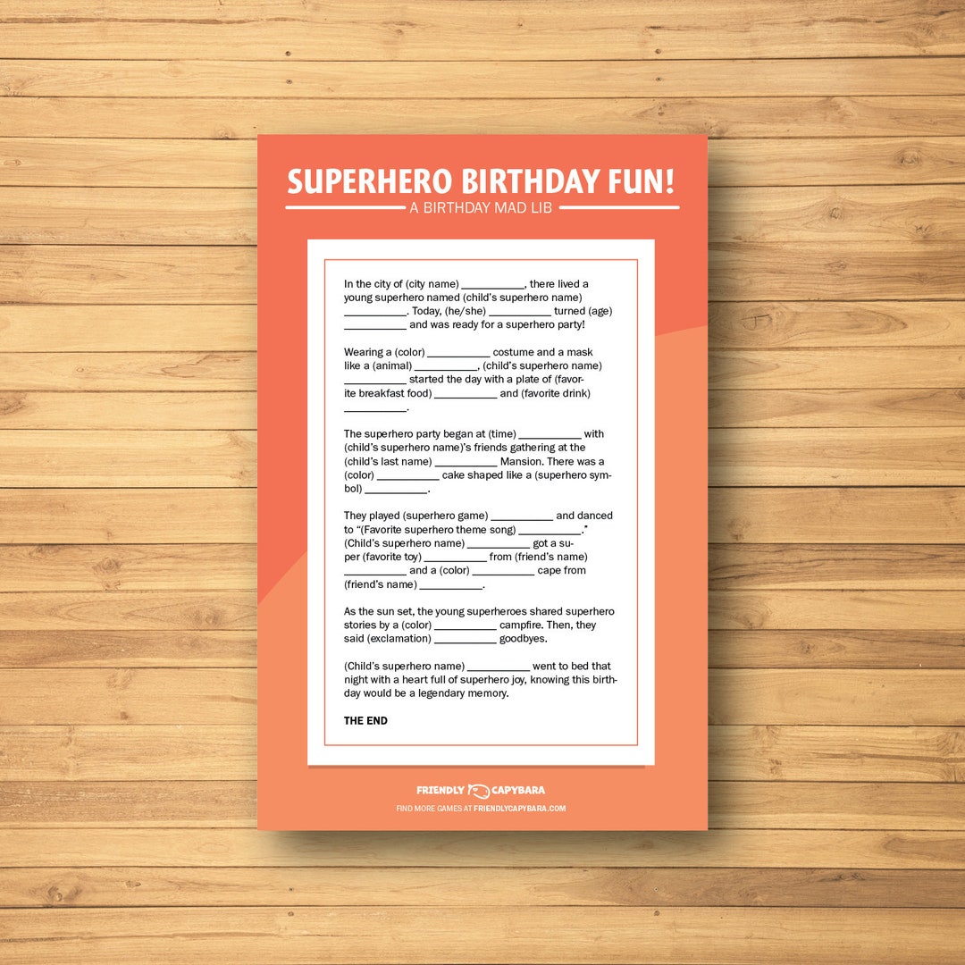 Superhero Birthday Mad Libs Game Coral - Etsy