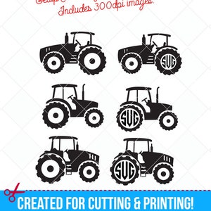 Könnte beinhalten: Schwarze Traktorgrafiken zum Schneiden und Drucken. Enthält sechs Traktordesigns mit unterschiedlichen Rad- und Kabinenstilen. Text lautet "Setup For Easy Cutting & Printing!" und "CREATED FOR CUTTING & PRINTING!"