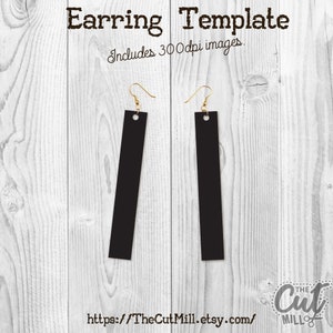 May include: Black rectangular earring templates with gold-colored hooks. The image includes the text "Earring Template" and "Includes 300dpi images." The Cut Mill Etsy shop URL is also visible.