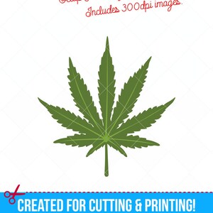Puede incluir: Ilustración de una hoja de cannabis verde sobre fondo blanco. La imagen incluye el texto "CREATED FOR CUTTING & PRINTING!" y "Setup For Easy Cutting & Printing!". Incluye archivos JPG y PNG de 300 ppp.