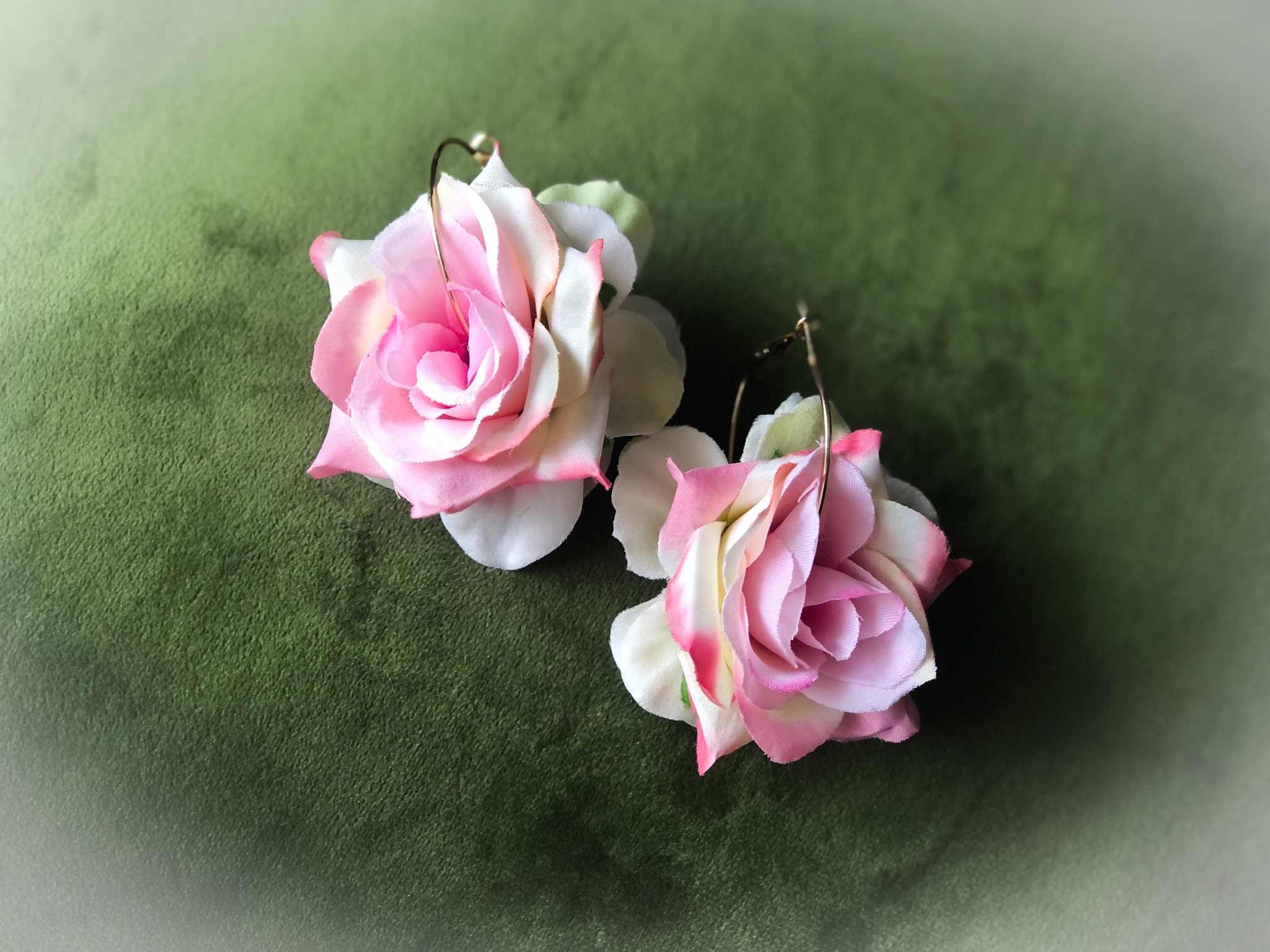 Flower Hoop Earrings, Pink Rose Earring, Colorful Jewelry, Silver Hoop