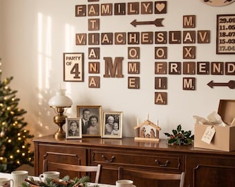 Custom Family Name Scrabble Letters Wall Crossword Art, Wooden Unique Christmas Gift For Parents