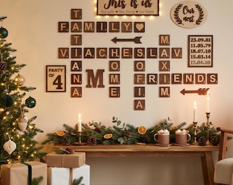 Family Crossword Art Wooden Name Sign, Christmas Gift Mom Dad Personalized Scrabble Wall Decor