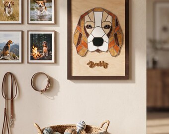Beagle Custom Dog Portrait Wooden Mosaic Wall Decor, Personalized Birthday Gift Pet Name Sign