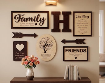 Wooden Family Tree Wall Art Set, Monogram Letter, Personalized Wood Sign, 5th Anniversary Gift