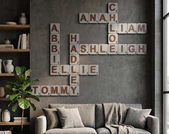 Modern Family Names Scrabble Tiles Wall Art Sign, Large Wooden Crossword Anniversary Gift 6х6