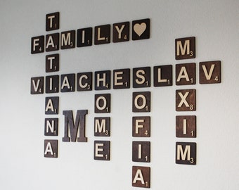 5x5 large scrabble tiles wall art, Family scramble letters sign, Wood family name personalized wall art