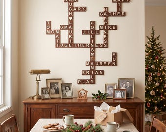 50th Anniversary Grandparents Gift, Scrabble Tiles Wall Art Sign Personalized, Wooden Family Names Crossword
