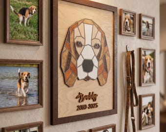 Beagle Memorial Plaque, Custom Wooden Mosaic Portrait Sign, Personalized Name Dates, Dog Remembrance Gift