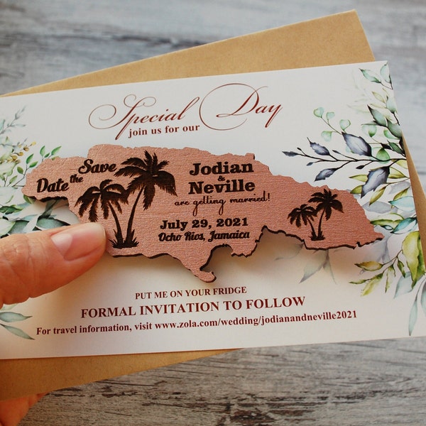 Country save the date magnet + cards, Rose gold destination wedding save the dates magnets, Jamaica wedding magnets set