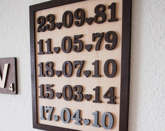 Wooden family birthday dates sign 3D