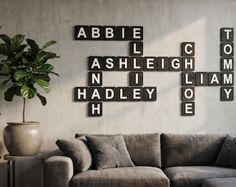 Family Names Scrabble Tiles Wall Art Sign, Large Wooden Crossword 5th Anniversary Gift Unique