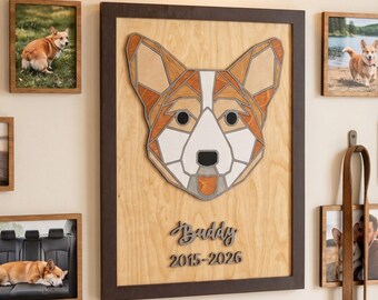 Corgi Gifts Wooden Mosaic Dog Portrait Wall Sculpture, Personalized Pet Name Sign Corgi Decor