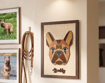 French Bulldog Custom Pet Portrait, Wooden Mosaic Wall Hanging, Personalized Name Sign, Housewarming Gift