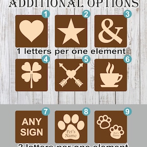 Puede incluir: Nueve opciones de dise&ntilde;o diferentes para un letrero de mascota personalizado. Las opciones incluyen un coraz&oacute;n, una estrella, un ampersand, un tr&eacute;bol, flechas cruzadas con un coraz&oacute;n, una taza de caf&eacute;, las palabras "ANY SIGN", una sola huella de pata y dos huellas de pata. Las seis primeras opciones tienen una letra por elemento, y las tres &uacute;ltimas opciones tienen dos letras por elemento.