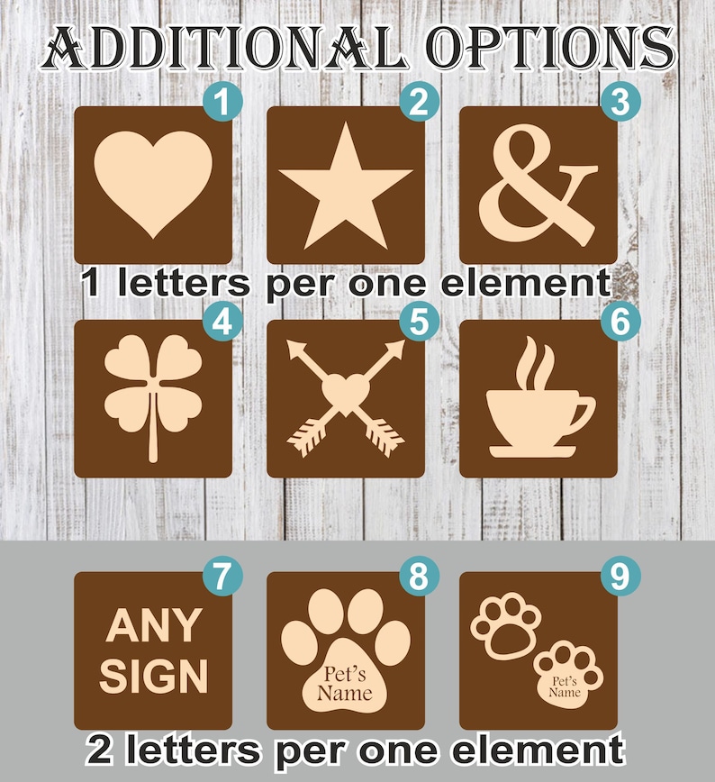 Puede incluir: Nueve opciones de dise&ntilde;o diferentes para un letrero de mascota personalizado. Las opciones incluyen un coraz&oacute;n, una estrella, un ampersand, un tr&eacute;bol, flechas cruzadas con un coraz&oacute;n, una taza de caf&eacute;, las palabras "ANY SIGN", una sola huella de pata y dos huellas de pata. Las seis primeras opciones tienen una letra por elemento, y las tres &uacute;ltimas opciones tienen dos letras por elemento.