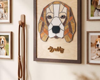 Beagle Custom Dog Portrait, Wooden Mosaic Wall Decor, Personalized Pet Name Sign, Birthday Gift