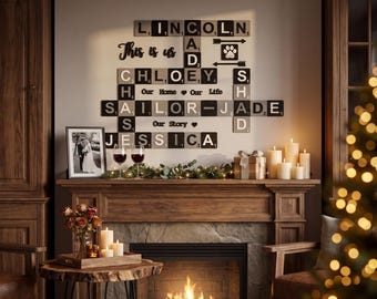 Custom Family Name Crossword Scrabble Letters Wall Art Sign, 5 Year Wood Anniversary Gift Unique