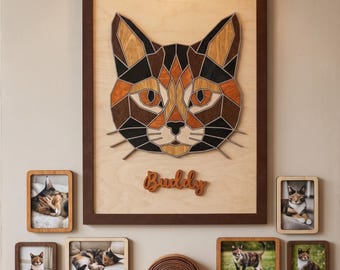 Retrato de gato carey, mosaico de madera personalizado para pared, letrero personalizado con el nombre del gato carey