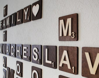 4x4 Wooden scrabble tiles wall art, Family scramble letters sign, Wood family name personalized