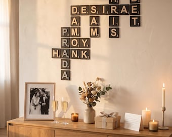 Family Crossword Art 5 Year Wood Anniversary Gift, Dimensional Wall Decor Couple Name Sign