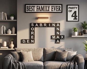 Family Crossword Art Personalized Wooden Letter Tiles, Family Name Wall Display, Housewarming Gift