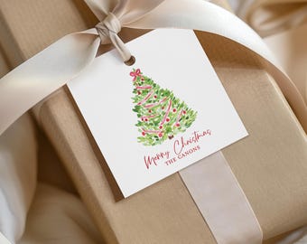 Personalized Watercolor Christmas Tree Gift Tags, Custom Holiday Name Labels