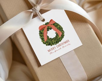 Personalized Christmas Gift Tags, Custom Family Name Gift Tags, Christmas Wreath Tags, Holiday Gift Tags