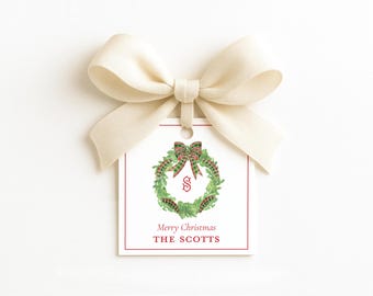 Personalized Monogram Christmas Gift Tags, Christmas Wreath Tags, Holiday Gift Tags
