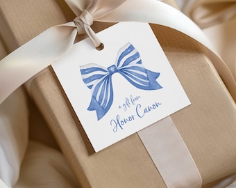 Blue Bow Gift Tag with String or Gift Sticker - Personalized