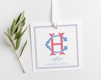 Interlocking Monogram Two Color Square Gift Tag with String (Personalized) or Square Gift Sticker