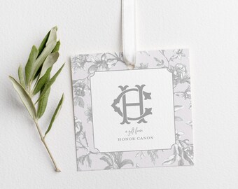 Personalized Gray Toile Gift Tag with String – Monogrammed Square Tag