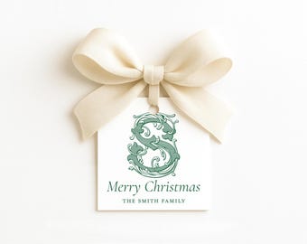 Personalized Christmas Gift Tags, Monogram Gift Tags, Green Toile