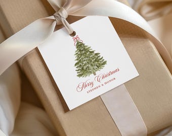 Personalized Watercolor Christmas Tree Gift Tags, Custom Holiday Wrapping (2.75" Square)