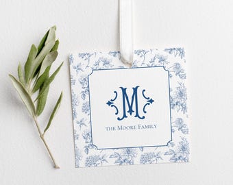Blue Floral Toile Square Gift Tag with String or Gift Sticker Personalized