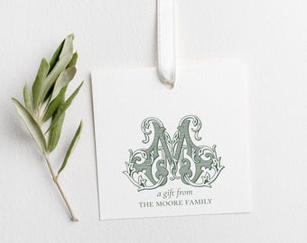 Elegant Monogram Square Gift Tag with String or Gift Sticker Personalized