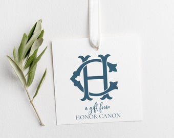 Interlocking Monogram Square Gift Tag with String or Gift Sticker - Personalized