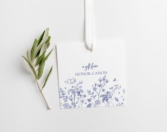Blue Floral Border Gift Tag with String or Gift Sticker - Personalized
