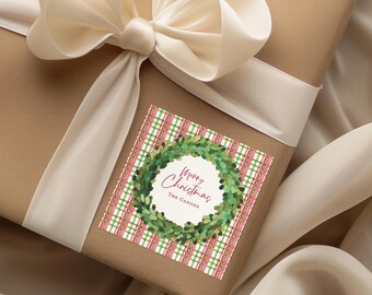 Personalized Christmas Gift Tags, Watercolor Wreath Plaid Gift Tags