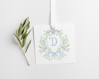 Floral Crest with Monogram Gift Tag with String or Square Sticker - Personalized