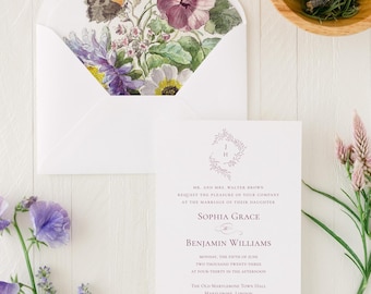 Fine Art Wedding Invitation with Floral Monogram and Elegant Typography
