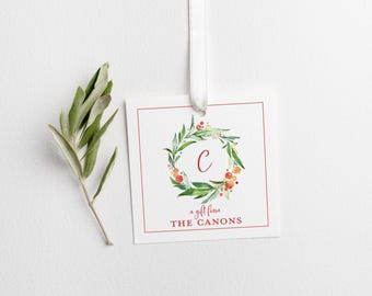 Personalized Christmas Gift Tags, Watercolor Greenery Monogram