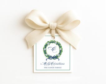 Personalized Chinoiserie Christmas Gift Tags, Blue Monogram Wreath