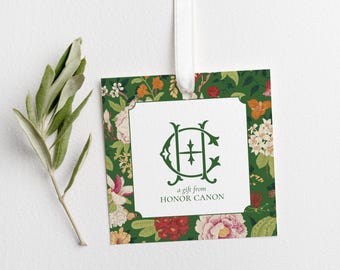 Green Floral Square Gift Tag with String or Gift Sticker Personalized