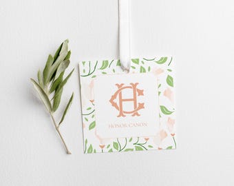 Peach Floral Gift Tag with String or Square Sticker - Personalized