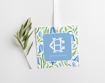 Blue and Green Floral Border Gift Tag with String or Square Sticker - Personalized